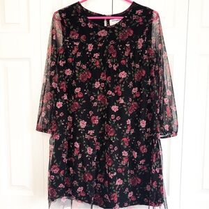 Old Navy Black Floral Rose Print Sheer Long Sleeve Shift Dress Girls XL